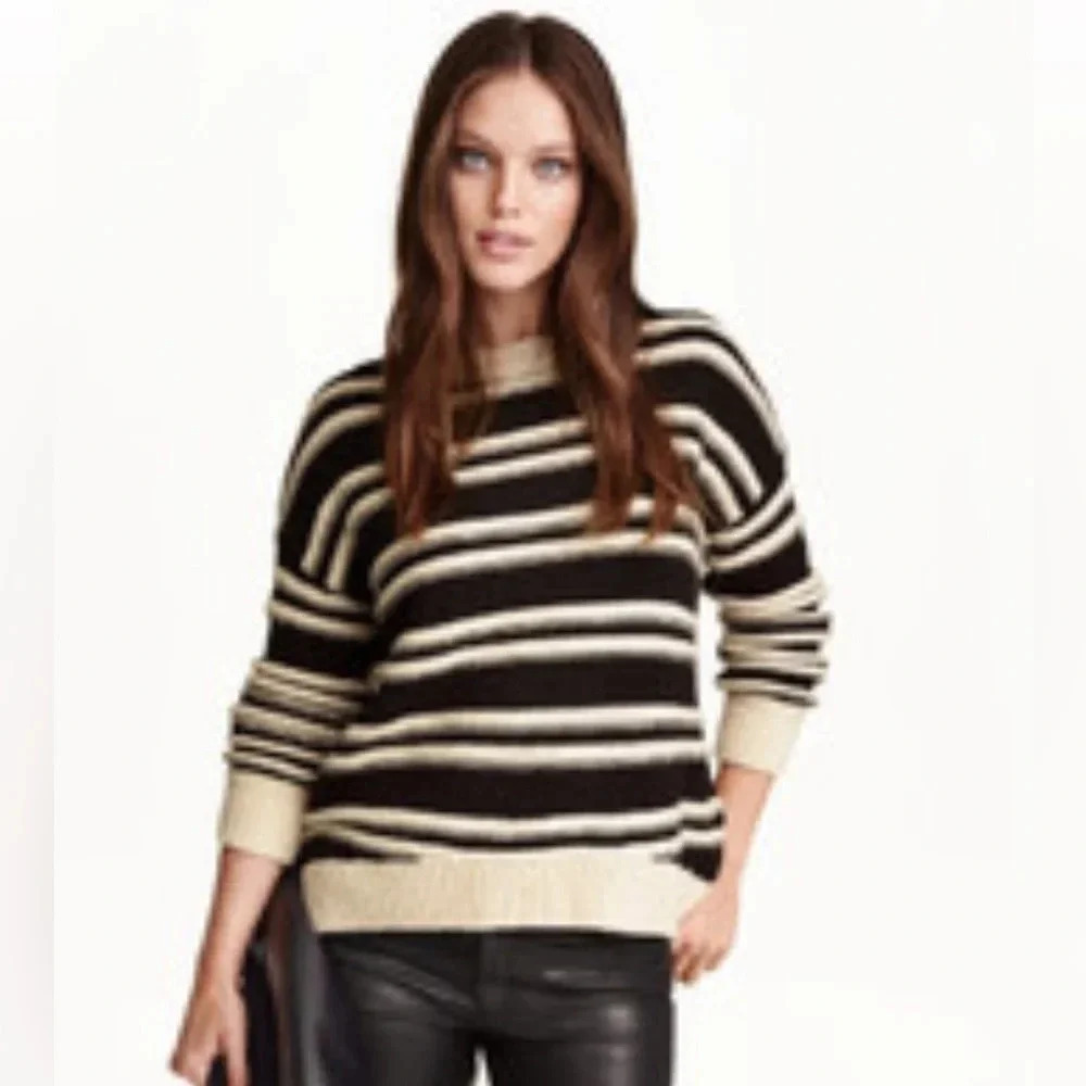 H&M Women’s Oversized Black & Tan Striped Wool Blend Knit Sweater Size XS